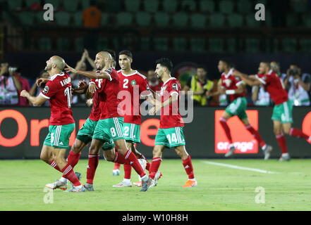 Le Caire, Égypte. 28 Juin, 2019. Les joueurs du Maroc célébrer au cours de la coupe d'Afrique des Nations 2019 GROUPE D match entre le Maroc et la Côte d'Ivoire au Caire, Égypte, le 28 juin 2019. Le Maroc a gagné 1-0. Credit : Ahmed Gomaa/Xinhua/Alamy Live News Banque D'Images