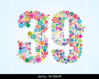 Vector floral coloré Design 39 nombre isolé sur fond blanc. Nombre Floral vecteur trente neuf caractères. Illustration de Vecteur