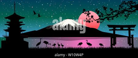 Paysage japonais de dessins animés. Le Mont Fuji. Les oiseaux de mer, des grues, pagode, gate, Cherry Tree branch. Beau lever de soleil sur le Mont Fuji. Illustration de Vecteur