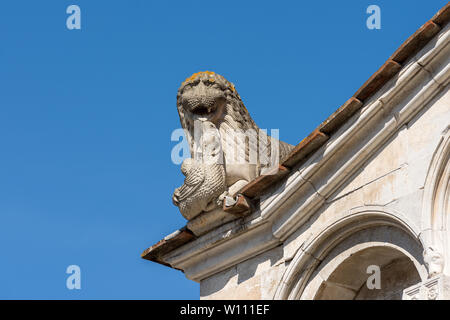Statue d'un lion se battre avec le dragon, détail de l'église de Santa Maria Forisportam en style roman-Pisan à Lucca, Toscane, Italie Banque D'Images