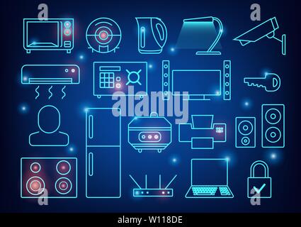 Domotique Smart fond vecteur. Smart home devices connectés comme le téléphone, smart watch, comprimé, capteurs, appareils électroménagers. Réseau de connecté Illustration de Vecteur