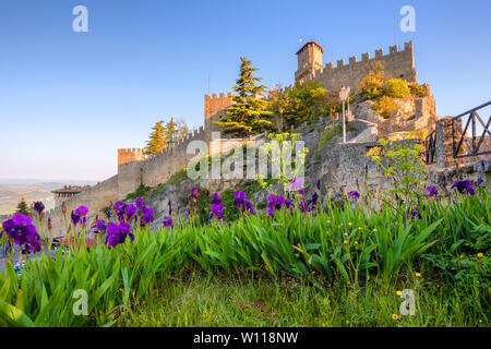 Guaita, le premier des trois tours de Saint-Marin, sur le sommet du mont Titano rock, vue du jardin de fleurs iris fleurs, République de San Banque D'Images