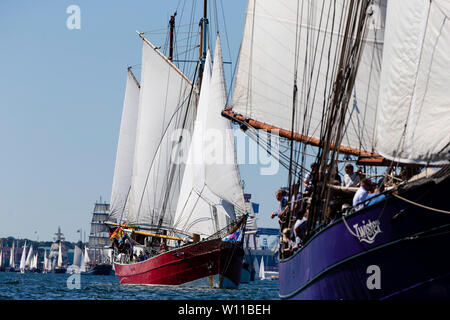 29 juin 2019, le Schleswig-Holstein, Kiel : marins traditionnels sont en cours pendant la Parade Windjammer dans le fjord. La Semaine de Kiel se termine le 30 juin 2019. Photo : Frank Molter/dpa Banque D'Images