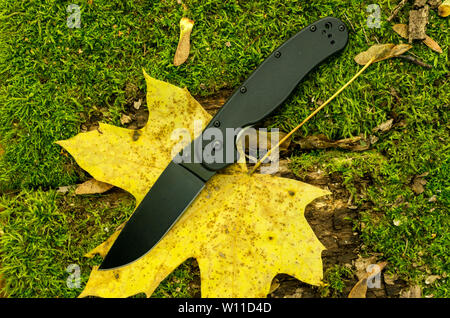 Couteau pliant noir sur la feuille d'automne. Dans la forêt avec un couteau. Vue d'en haut. Banque D'Images