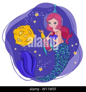 MERMAID ROCKET Space Cartoon Cosmos Univers galactique Princess Voyage Voyager Ensemble d'illustration vectorielle pour tissu d'impression et de décoration Illustration de Vecteur