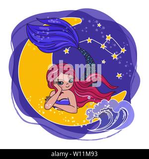 Lune Espace Cosmos Cartoon Mermaid Princess Univers galactique voyage Voyager Ensemble d'illustration vectorielle pour tissu d'impression et de décoration Illustration de Vecteur