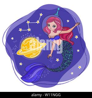 L'ESPACE Dessin Animé Mermaid Princess galactique Cosmos Voyage Voyager Ensemble d'illustration vectorielle pour tissu d'impression et de décoration Illustration de Vecteur