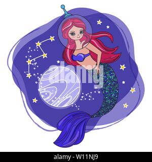 SYREN ESPACE Cartoon Mermaid Princess galactique Cosmos Voyage Voyager Ensemble d'illustration vectorielle pour tissu d'impression et de décoration Illustration de Vecteur