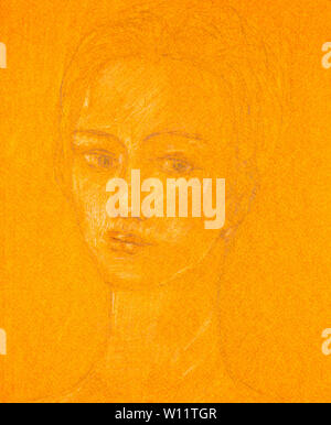 Crayon sur papier de couleur orange d'un portrait de jeune femme. Banque D'Images