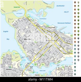 Plan des rues du centre-ville de Vancouver avec l'axe de communication et de l'infrastructure d'icônes Illustration de Vecteur