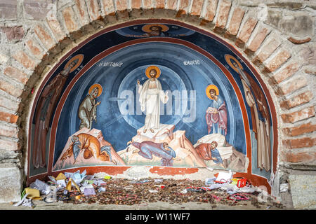 Ancienne peinture religieuse représentant Jésus Christ et ses disciples sur le mur d'un monastère de Meteora, Grèce Banque D'Images