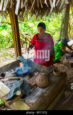 Griller les fèves de cacao, cacao, bio Oreba Oeste Arriba Rivière, Groupe ethnique Ngabe, province de Bocas del Toro, PANAMA, Amérique Centrale, Amérique Latine Banque D'Images