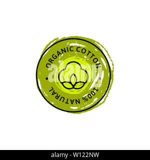 Chemise de coton biologique naturel des étiquettes et d'écussons et d'attirer la main texture crayon - Vector icône ronde ,autocollant, Logo, Tampon, fleur de coton naturel Tag - Clo Illustration de Vecteur