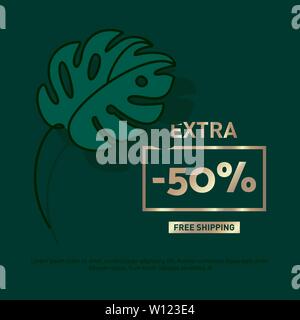 Vente bannière avec tropical vert monstera feuille sur le fond vert sombre. Cadre doré avec typographie moderne 50. Abstract Vector Offre Spéciale signe. Illustration de Vecteur