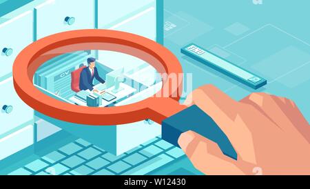 Concept isométrique de base de données sur les ressources humaines et le contrôle de la qualité. Vecteur d'un homme assis à l'intérieur du compartiment penderie fort arpentée par un b Illustration de Vecteur