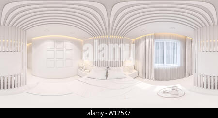 Illustration 3d panorama 360 degrés de l'intérieur chambre transparente. Le design intérieur de la chambre principale dans la style scandinave. Rendre prix interi Banque D'Images