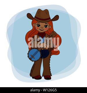 BANJO COWGIRL American Cowboy Western Music Festival Illustration vectorielle définie pour tissu d'impression et de décoration Illustration de Vecteur