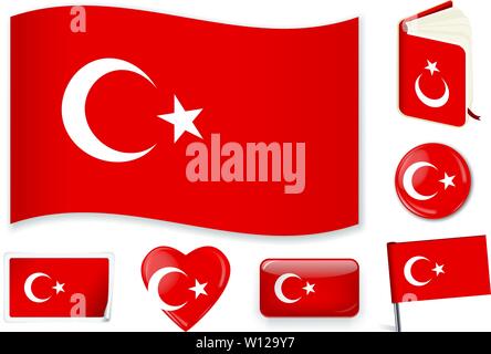 La Turquie. Drapeau national turc dans wave, livre, cercle, broche, bouton Coeur et formes autocollant Illustration de Vecteur