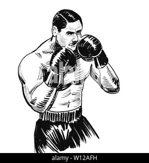 Homme de boxe. Illustration noir et blanc Encre Banque D'Images