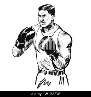 Homme de boxe. Dessin noir et blanc Encre Banque D'Images