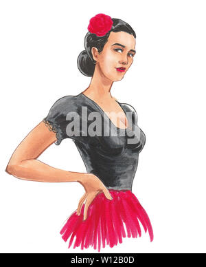Jolie danseuse de flamenco. Encre et aquarelle illustration Banque D'Images