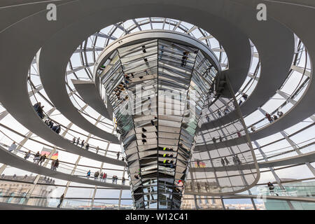 Cône en miroir et les touristes à l'intérieur du dôme de verre futuriste sur le dessus du Reichstag (Parlement allemand) à Berlin, Allemagne. Banque D'Images