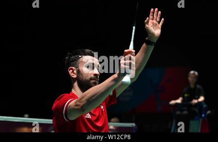 Minsk, Belarus. 29 Juin, 2019. Christopher Langridge (GBR) célèbre dans le mens double Badminton finale au 2ème jeux européens. Garry Bowden/SIP Crédit photo agency/Alamy live news. Banque D'Images