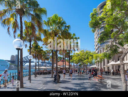 Cafés, bars et restaurants sur Circular Quay en regardant vers le Pont du Port de Sydney, Sydney, Australie Banque D'Images