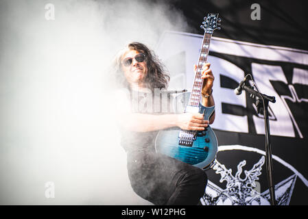 Alex Skolnick, guitariste du groupe de trash métal américain Testament, spectacle sur scène à Bologne, au parc 2019 Sonic Bologne première ed Banque D'Images