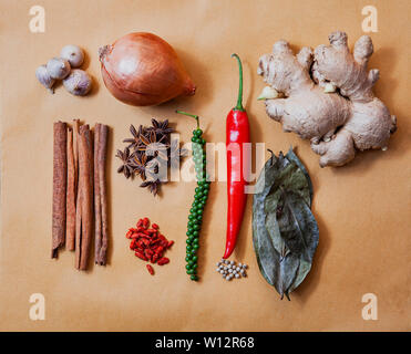 L'organisation de beaux épices asiatiques et herb saine sur la terre ton papaer background Banque D'Images