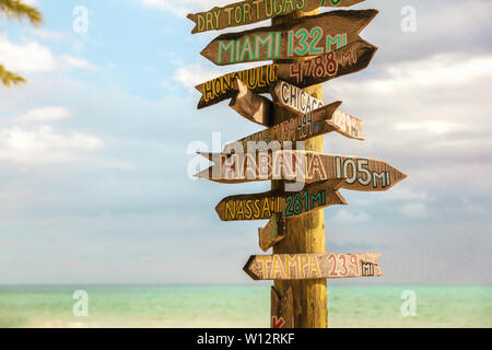 Zachary Key West Beach Tourist travel sign post, Florida, USA fond vacances d'été. Banque D'Images