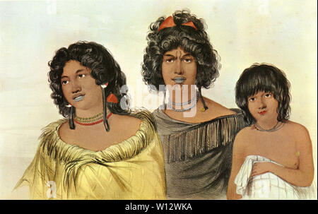 Aquarelle d'Amoko, Heana et Hepi, deux femmes maoris et leur jeune esclave, Nouvelle-Zélande, par Auguste Comte, 1827. Bien que l'Hepi était apparemment bien traités, il était pratique courante avant l'arrivée des missionnaires pour finalement manger les esclaves. Banque D'Images