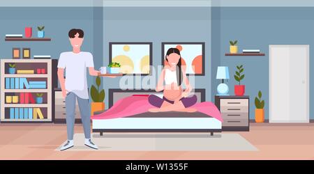 Man plateau avec de la nourriture pour pregnant woman intérieur chambre à coucher moderne accueil futurs parents dans l'amour heureux en famille complète concept Illustration de Vecteur