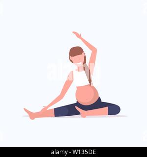 Femme enceinte faisant des exercices d'étirement girl working out grossesse fitness concept de vie sain télévision pleine longueur vector illustration Illustration de Vecteur