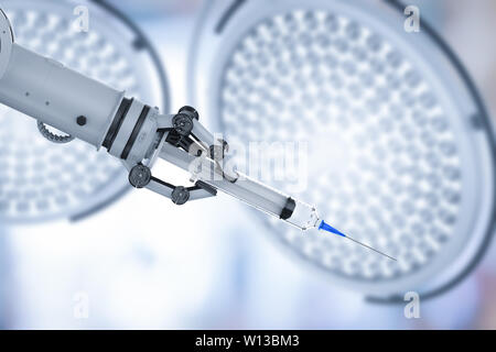 Concept de technologie médicale avec rendu 3D main robotique holding syringe Banque D'Images