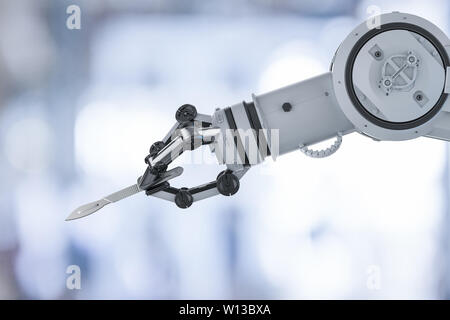 Concept de technologie médicale avec rendu 3D robot main tenant un scalpel ou couteau de chirurgie Banque D'Images