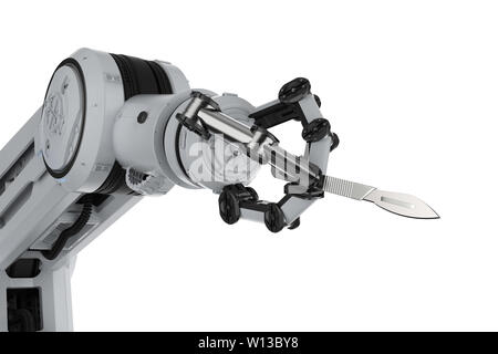 Concept de technologie médicale avec rendu 3D robot main tenant un scalpel ou couteau de chirurgie Banque D'Images