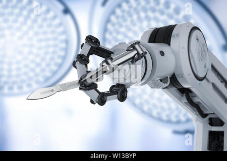 Concept de technologie médicale avec rendu 3D robot main tenant un scalpel ou couteau de chirurgie Banque D'Images