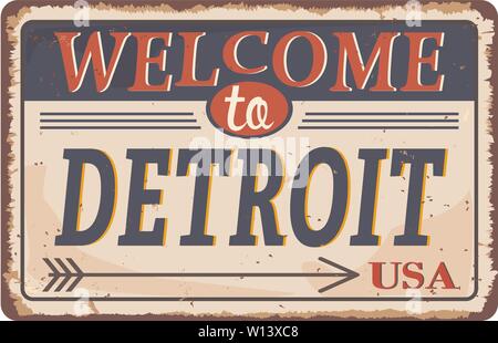 Bienvenue à Détroit, Michigan vintage métal rouillé signe sur un fond blanc, vector illustration Illustration de Vecteur