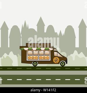 Camion pizza de la conduite sur autoroute. Vector illustration de pizza wagon. Service de livraison sur fond urbain. Image pizza sur le côté de la voiture. Pour le web, design Illustration de Vecteur