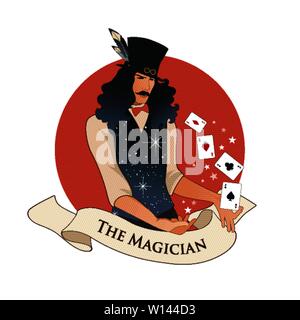 Emblème Arcanes Majeurs carte de tarot. Le magicien avec moustache et chapeau, tenant une baguette magique de faire de la magie avec des cartes à jouer, isolated on white background Illustration de Vecteur