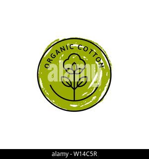 Chemise de coton biologique naturel des étiquettes et d'écussons et d'attirer la main texture crayon - Vector icône ronde ,autocollant, Logo, Tampon, fleur de coton Tag - tissu naturel plantes logo vert organique de timbres Textiles. Illustration de Vecteur