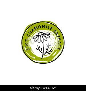 Badge fleur de camomille et de l'icône de la tendance linéaire et attirer la main - style Vector Logo emblème de Camomille médical peut être utilisé pour l'emballage modèle plateau , cosmétiques, médicaments, additifs biologiques. Illustration de Vecteur