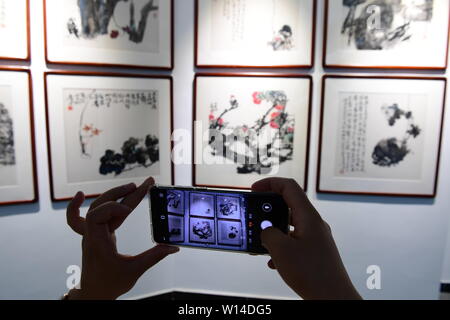 (190630) -- GUIYANG, 30 juin 2019 (Xinhua) -- un visiteur prend des photos d'œuvres d'art par le peintre Lu Feng Feng Lu au musée d'art à Qingyan ancienne ville de Guiyang, capitale de la province du Guizhou en Chine du sud-ouest, le 29 juin 2019. (Xinhua/Ying Yang) Banque D'Images