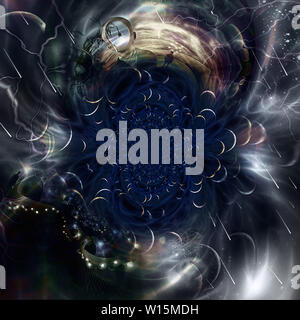 Résumé de création moderne. L'espace sans fin. Planètes de dimensions fractales. L'homme perd des idées comme des ampoules Banque D'Images