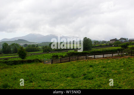 La nuée la couvrit de montagnes de Mourne un triste jour pluvieux en juin 2019 vu de Drumbuck Road à Castlewellan en Irlande du Nord. Banque D'Images