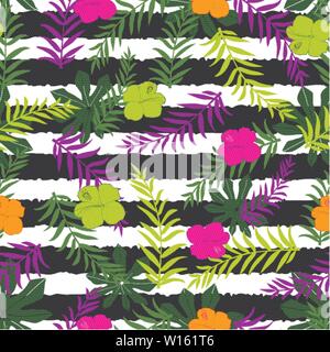Fleurs tropicales vecteur et fougères sur fond à rayures. Convient pour l'enveloppe de cadeau, du textile et du papier peint. Illustration de Vecteur