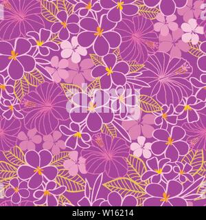Vector violet et rose des fleurs tropicales d'hibiscus et d'impression de fond transparente frangipani Idéal pour scrapbooking, tissu, papier peint, projets. Illustration de Vecteur