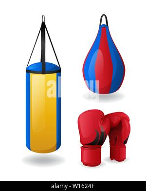 Jeu d'équipement de boxe gants rouges, isolées et sacs de frappe Illustration de Vecteur