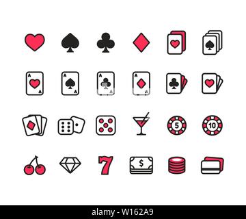 L'icône de la ligne de casino jeu. Cartes de poker, dés et jetons, symboles de machines à sous et de l'argent. Style moderne simple vector icons. Illustration de Vecteur